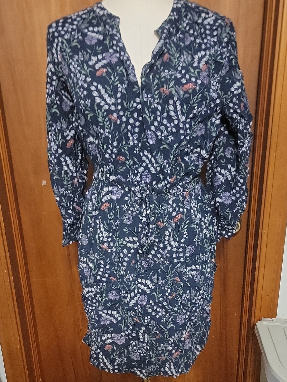 Floral Navy Drawstring Waist Long Sleeve Dress